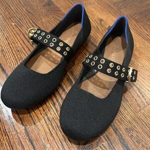 Rothy's Black Flats with Blue Trim and Gold Accents